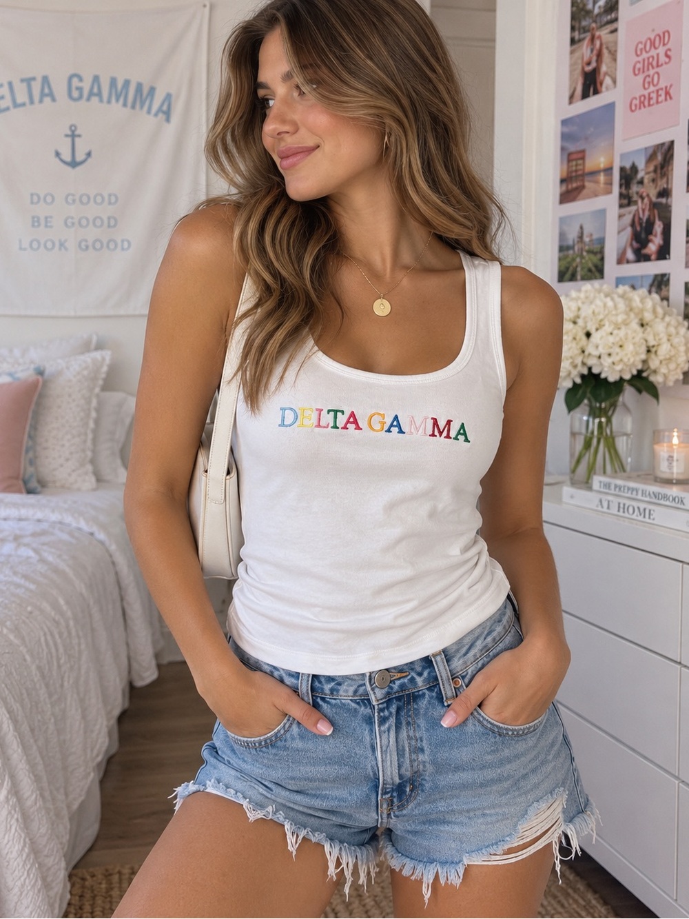 Bella + Canvas Delta Gamma Sorority White Embroidered Tank Top Medium